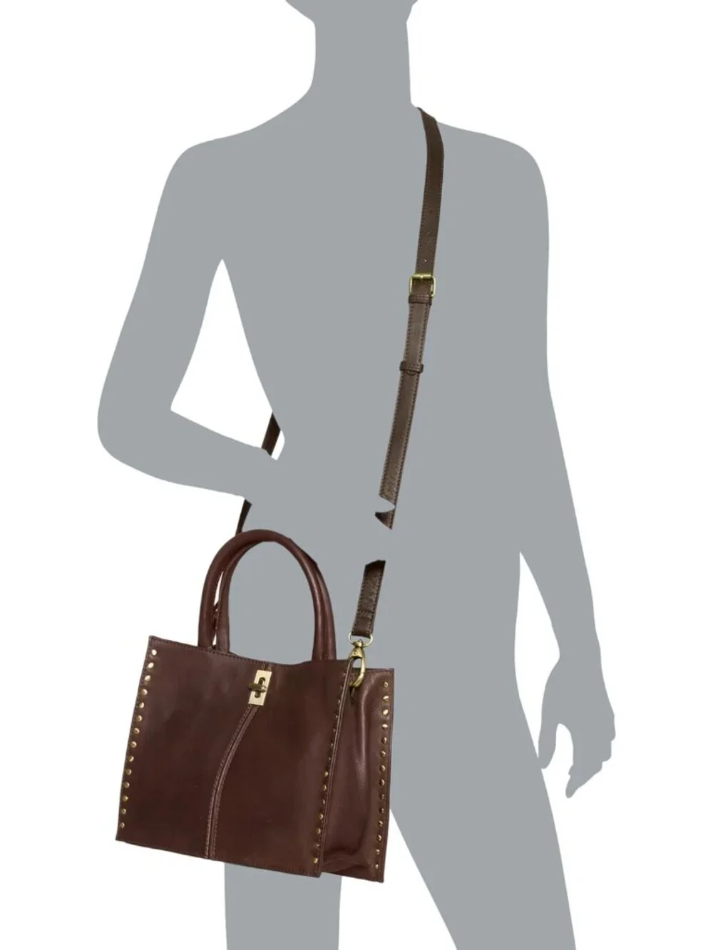 NEW MARTA PONTI Studded Satchel in Chocolate Leather Crossbody Strap NWT